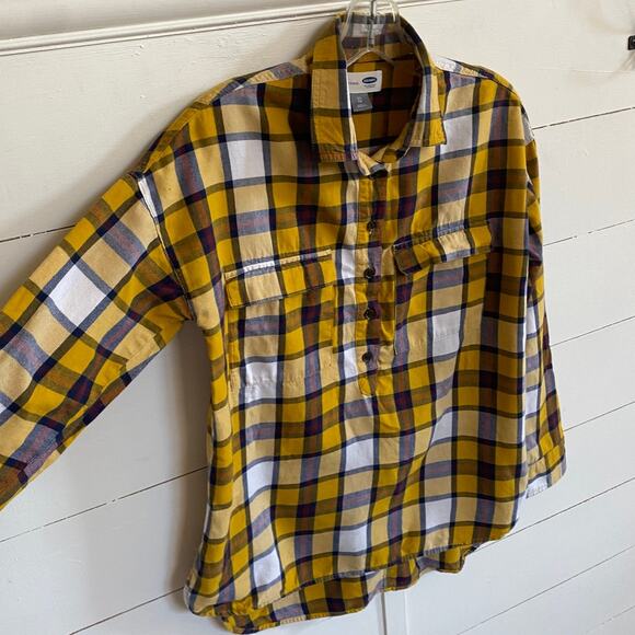 Old Navy Boyfriend Flannel Popover Shirt Yellow Plaid 1/2 Button Up Hi-Lo XS - Picture 5 of 11